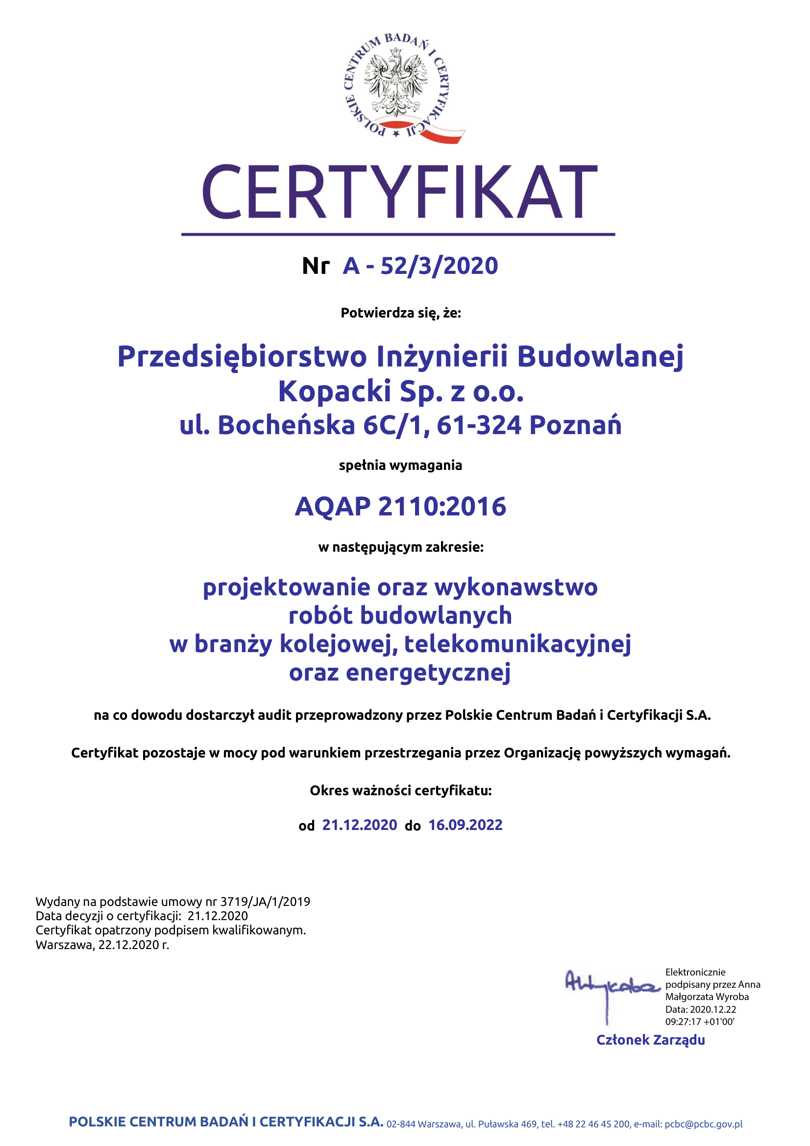 Certyfikat / Certificate